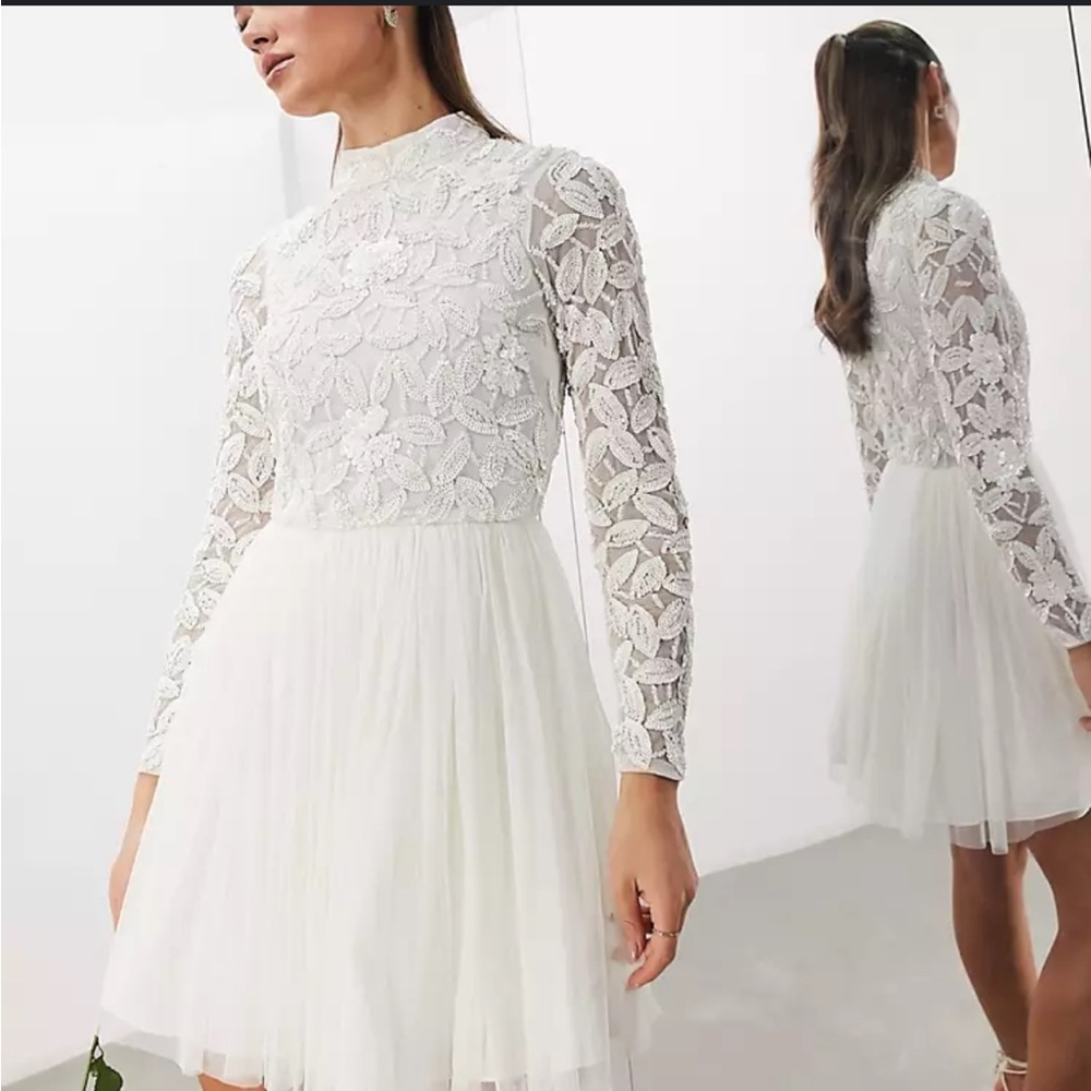 NWT ASOS DESIGN Arabella embellished bodice mini wedding dress with mesh skirt